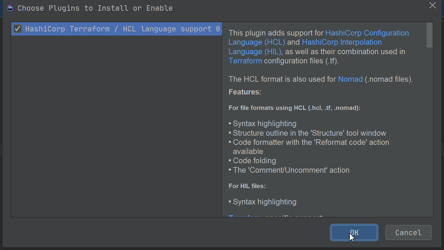 HashiCorp Terraform/HCL language support plugin